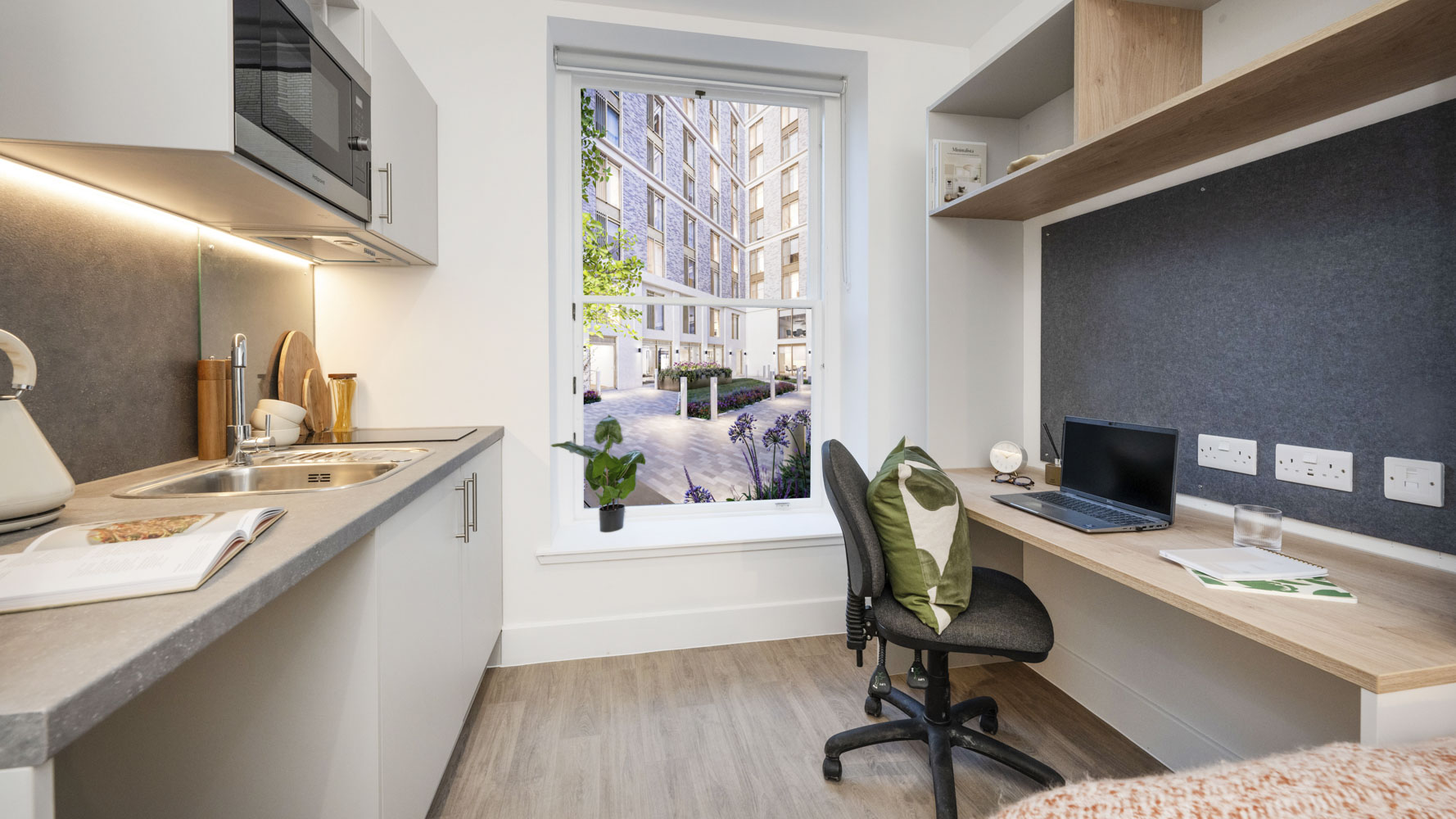 CGI of a studio with study desk at Glasgow Citi View